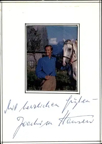 Sammelbild vom Schauspieler Joachim Hansen, Portrait mit Pferd, Autogramm