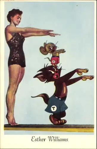 Ak Schwimmerin Esther Williams, Tom und Jerry, Fotomontage, Comic