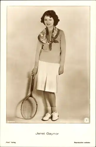 Ak Schauspielerin Janet Gaynor, Portrait, Tennisschläger