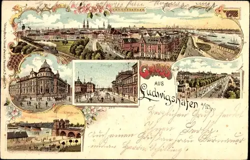 Litho Ludwigshafen am Rhein, Panorama, Post, Bahnhof, Rheinbrücke, Marktplatz