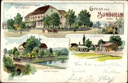 Litho Sundheim Kehl am Rhein Baden, Lokalbahnhof, Wirtschaft Zum grünen Baum, Inh. J. F. Baumert