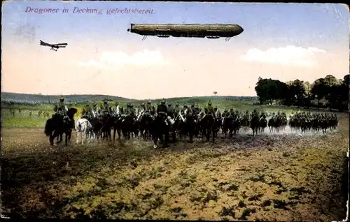 Ak Dragoner in Deckung gefechtsbereit, Kavallerie, Zeppelin, Militärflieger, I. WK