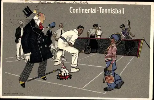 Ak Continental Tennisball, Tennisspiel, Mann mit Blumenstrauß kriegt den Ball ab