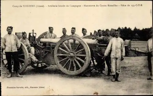 Ak Camp de Sissonne Aisne, schwere Feldartillerie, Rimailho-Kanonenmanöver