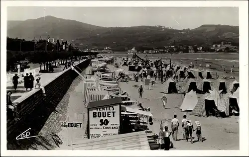 Ak Hendaye Pyrénées-Atlantiques, La plage vers l'Espagne, Zelte