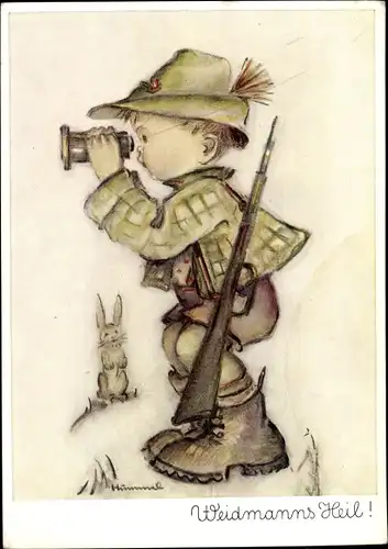 Künstler Ak Hummel, Berta, Weidmanns Heil, Junge als Jäger mit Fernglas und Gewehr, Hase, Nr. 5616