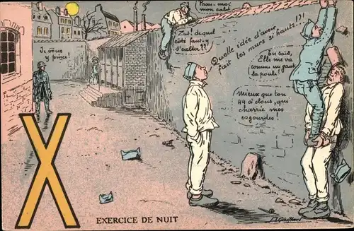 Buchstaben Ak Buchstabe X, französische Soldaten, Nachtübung