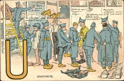 Buchstaben Ak Buchstabe U, französische Soldaten, Uniform, Kleiderkammer
