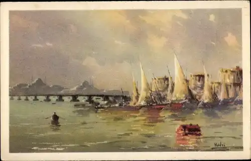 Künstler Ak Konstantinopel Istanbul Türkiye, Alte Brücke des Goldenen Horns