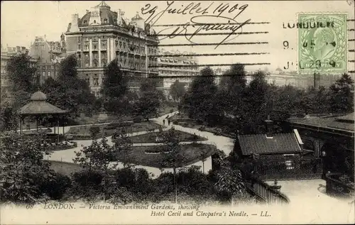 Ak London City England, Victoria Embankment Gardens, Hotel Cecil