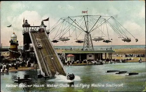 Ak Southport Merseyside England, Helter-Skelter-House, Wasserrutsche, Flugmaschine