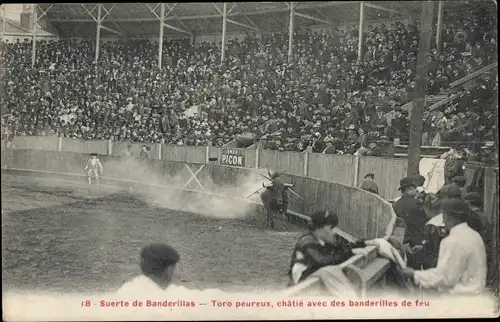 Ak Corrida de Toros, Toro peureux, chatie with the banderilles de feu