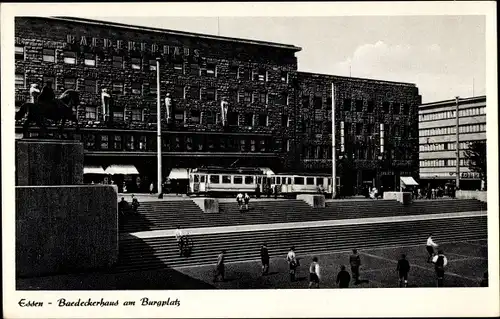 Ak Essen im Ruhrgebiet, Baedeckerhaus, Burgplatz, Straßenbahn, Passanten