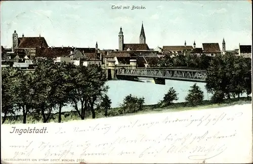 Ak Ingolstadt, Totalansicht mit Brücke und Kirchturm