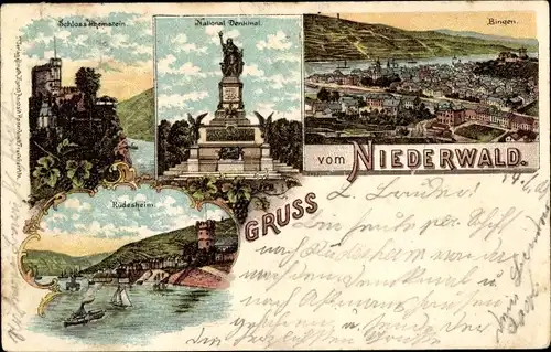 Litho Rüdesheim am Rhein, Niederwald Nationaldenkmal, Schloss Rheinstein, Bingen