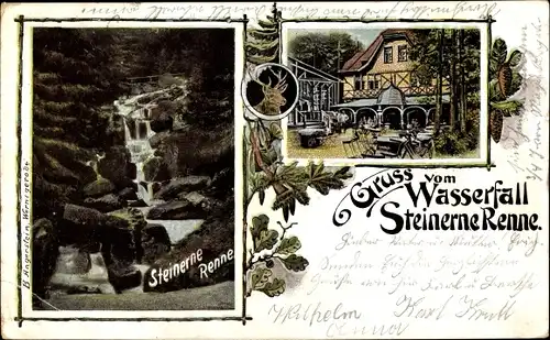 Ak Hasserode Wernigerode am Harz, Steinerne Renne, Wasserfall, Gastwirtschaft