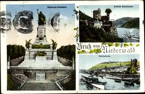 Ak Rüdesheim am Rhein, Niederwald Nationaldenkmal, Schloss Rheinstein