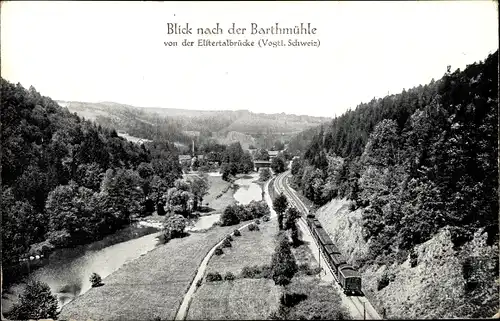 Ak Barthmühle Pöhl im Vogtland, Blick von der Elstertalbrücke, Bahnstrecke, Dampflok