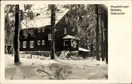 Ak Oderbrück Braunlage im Oberharz, Magdeburger Skihütte im Winter