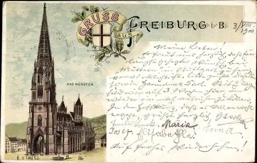 Litho Freiburg im Breisgau, Münster, Wappen