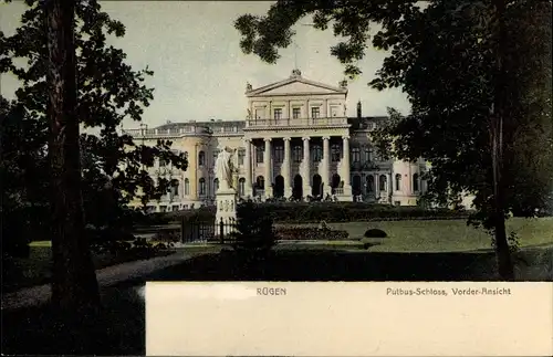 Ak Putbus auf der Insel Rügen, Schloss, Vorderansicht, Statue