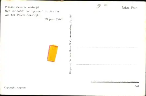 Ak Prinzessin Beatrix der Niederlande, Prinzgemahl Claus von Amsberg, Soestdijk 1965