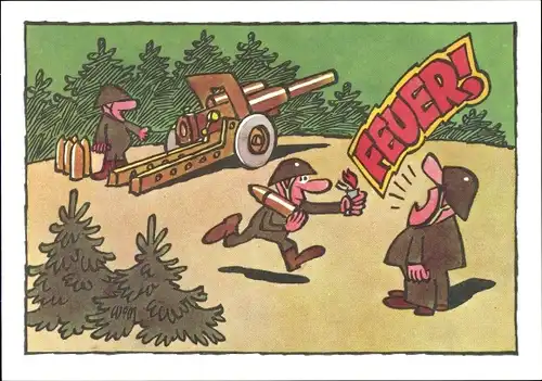 Künstler Ak Moese, Willi, NVA Soldaten, Geschütz, Feuerzeug