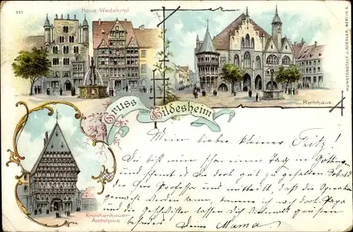 Litho Hildesheim in Niedersachsen, Haus Wedekind, Rathaus, Knochenhaueramtshaus