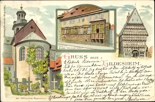 Litho Hildesheim in Niedersachsen, 1000 jähriger Rosenstock, Knochenhauer Amtshaus