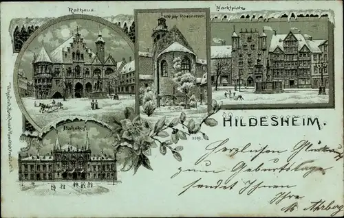 Winter Litho Hildesheim in Niedersachsen, Rathaus, Marktplatz,Bahnhof,Rosenstock