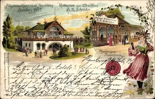 Litho Hamburg, Allgemeine Gartenbau Ausstellung 1897, Restaurant zum Elbschloss