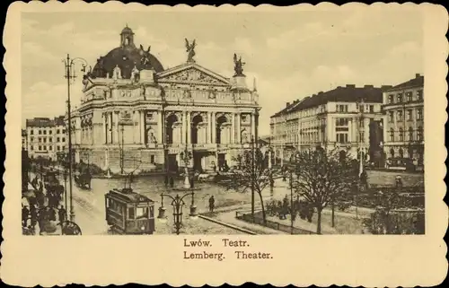 Ak Lwów Lemberg Ukraine, Theater, Straßenpartie, Straßenbahn