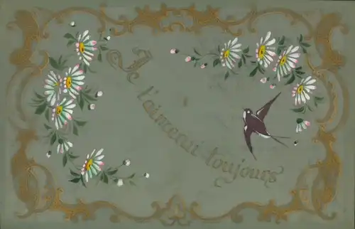 Zelluloid Ak Blumen, Schwalbe, Margeriten, Kitsch
