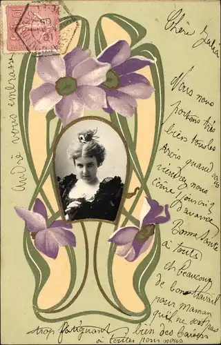 Jugendstil Präge Litho Frau-Portrait, Blumen