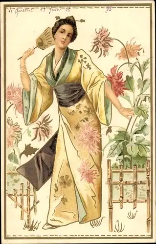 Ak Junge Frau in japanischer Tracht, Garten, Blumen