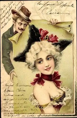 Litho Gemaltes Portrait einer Frau, Kleid, Hut, Begeisterter Mann
