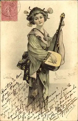 Litho Japanerin in Kimono, Shamisen, Steckfrisur