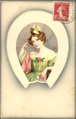 Präge Ak Gemaltes Portrait einer jungen Frau, Hufeisen