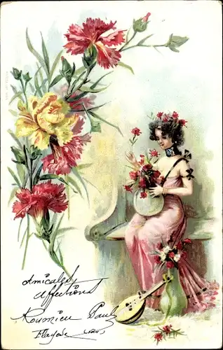 Präge Litho Frau mit Blumenvase, Laute, Blumenstrauß