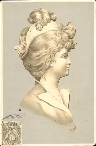 Präge Litho Frauenportrait, Federhut