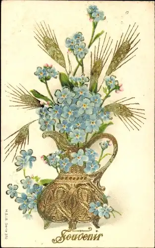 Präge Litho Vergissmeinnicht in der Blumenvase, Getreide, Kitsch