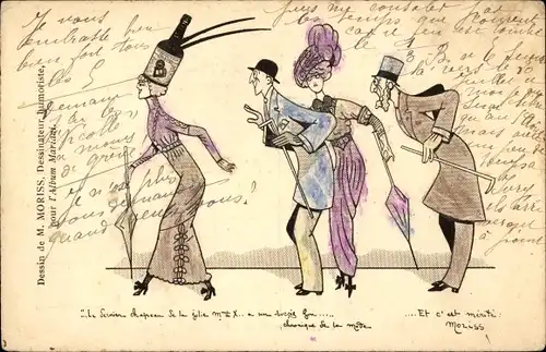 Künstler Ak Moriss, M., Noble Menschen, Frau mit Sektflasche auf dem Kopf