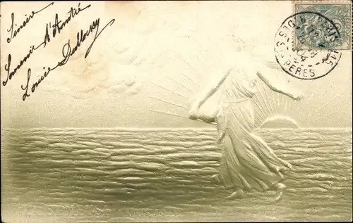 Relief Ak Frau beim Aussäen, Landwirtschaft, Allegorie, Sonnenaufgang