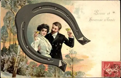 Präge Litho Glückwunsch Neujahr, Liebespaar, Sektglas, Hufeisen