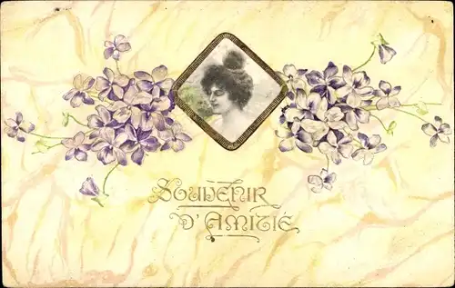 Präge Ak Gemaltes Portrait einer Frau, Veilchen