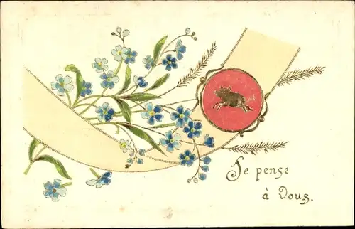 Präge Ak Vergissmeinnicht, Siegel, Schwein, Kitsch