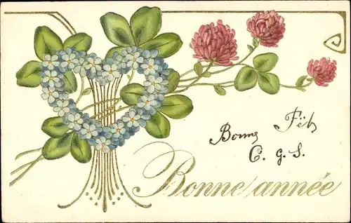 Präge Ak Glückwunsch Neujahr, Glücksklee, Vergissmeinnicht