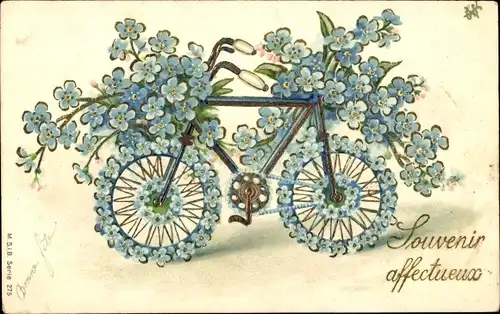 Präge Litho Fahrrad aus Vergissmeinnicht, Kitsch