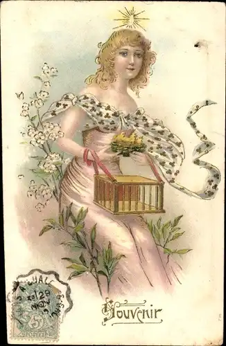 Präge Ak Ostern, Frau mit Küken, Blumen, Käfig
