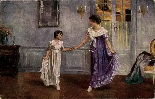 Künstler Ak Schneider, E., Frau tanzt mit ihrer Tochter